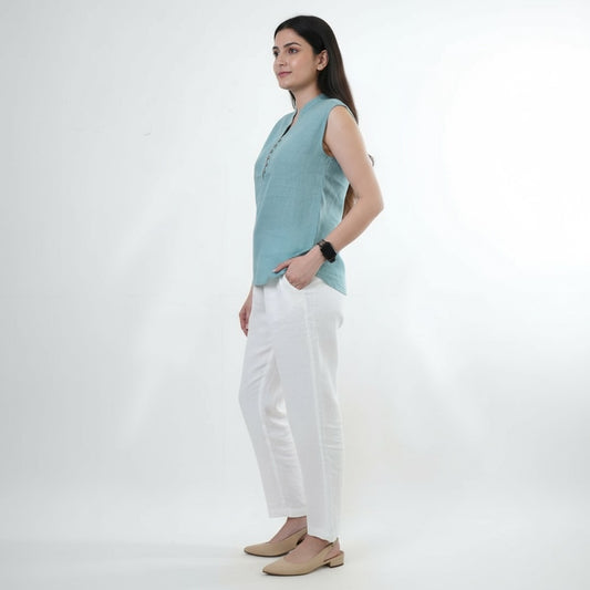 Linen Mandarin Collar Top for Women- Muted Sage