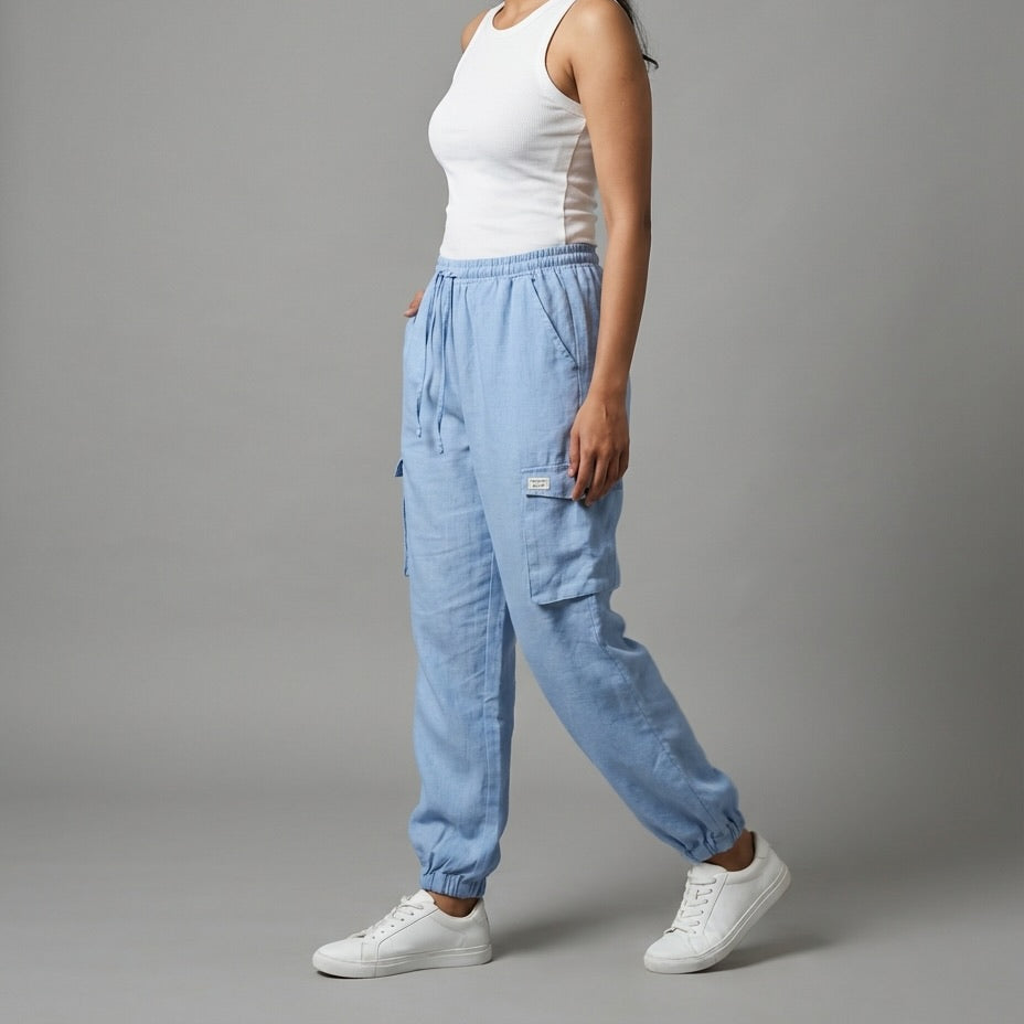 Premium Linen Travel Joggers for Women- Dusty Blue