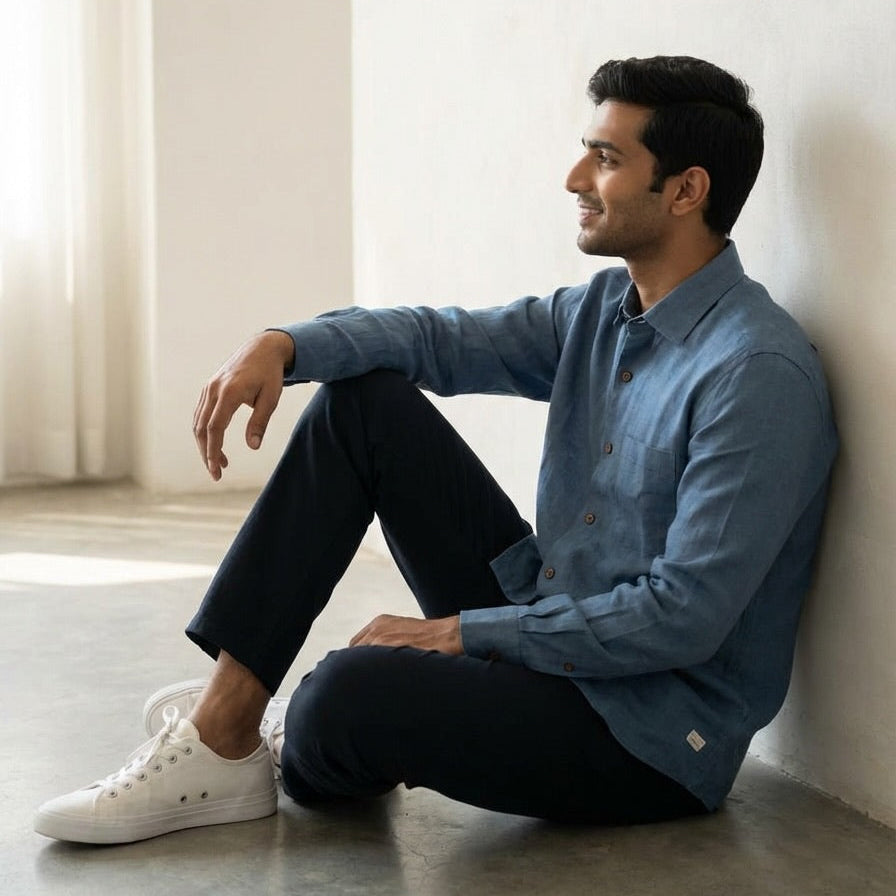 Linen Regular Collar Shirt for Men- Dusty Blue