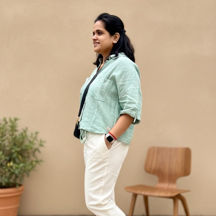 Oversized Boxy Crop Linen Shirt for Women- Sage
