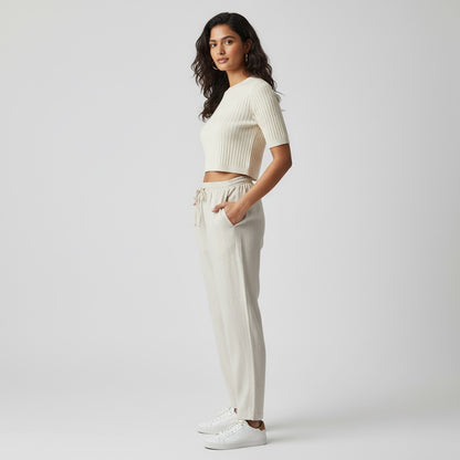 100% Pure Linen Relaxed Fit Pants for Women - Beige