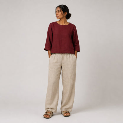 100% Pure Linen Boat Neck Top for Women - Maroon