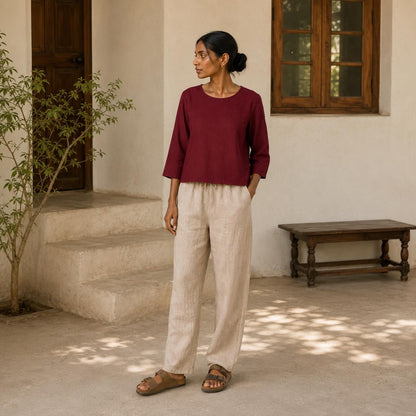 100% Pure Linen Boat Neck Top for Women - Maroon