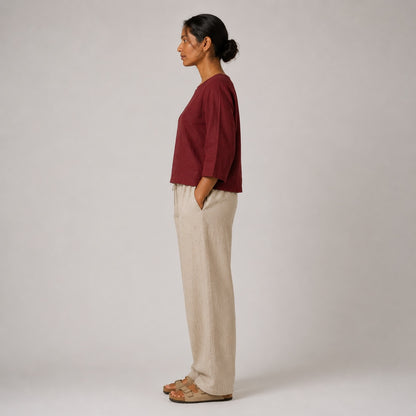 100% Pure Linen Boat Neck Top for Women - Maroon