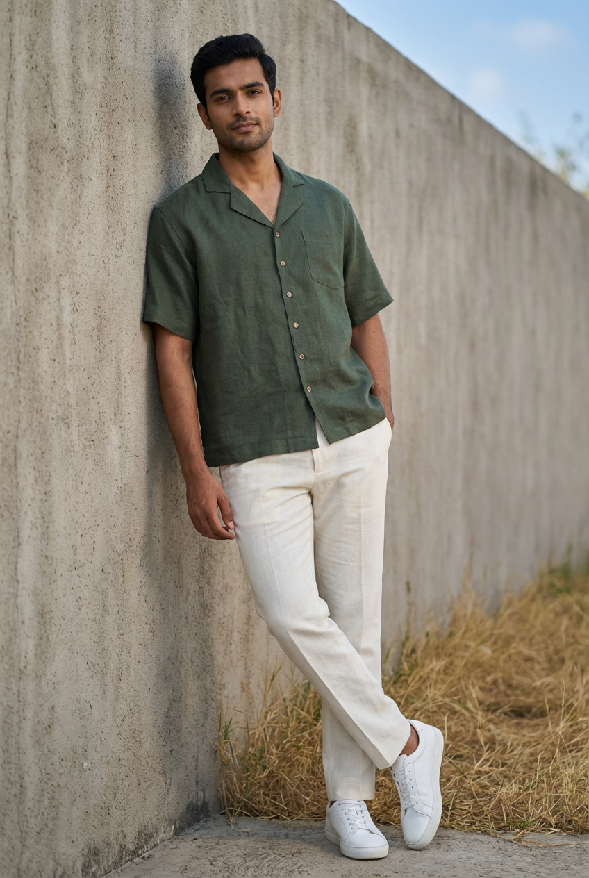 Resort Collar Short Sleeve Shirt - 100% Premium Linen - Men - Olive