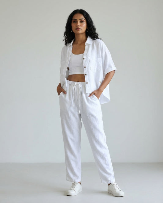 Crop shirt and Relaxed fit Pant Co-ord Set - Women- 100% Premium Linen - White