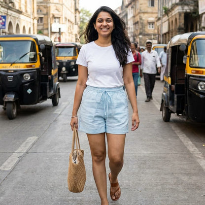 Linen Shorts for Women- Sky Blue