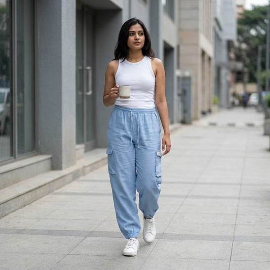Premium Linen Travel Joggers for Women- Dusty Blue
