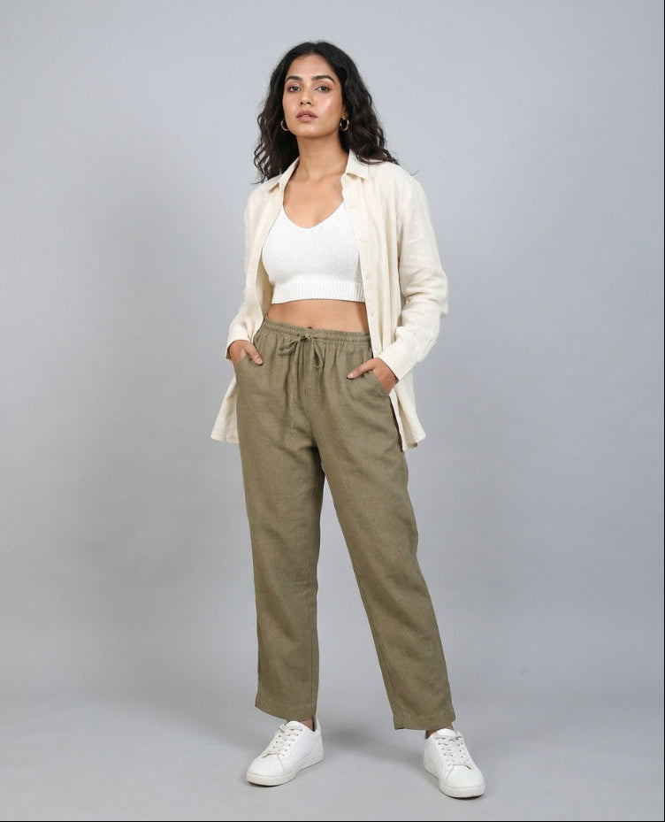 The Everyday Linen Pant – Relaxed Fit- Olive - Women