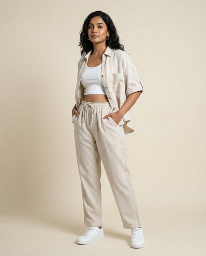 Crop shirt and Relaxed fit Pant Co-ord Set - Women- 100% Premium Linen - Beige