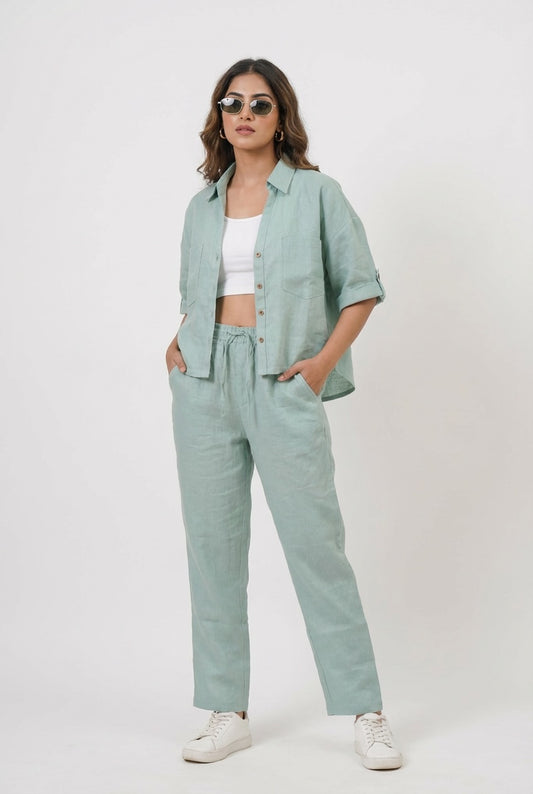 Crop shirt and Relaxed fit Pant Co-ord Set - Women- 100% Premium Linen - Sage