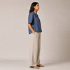 Open Collar Half Sleeve Linen Shirt - Women - Midnight Blue