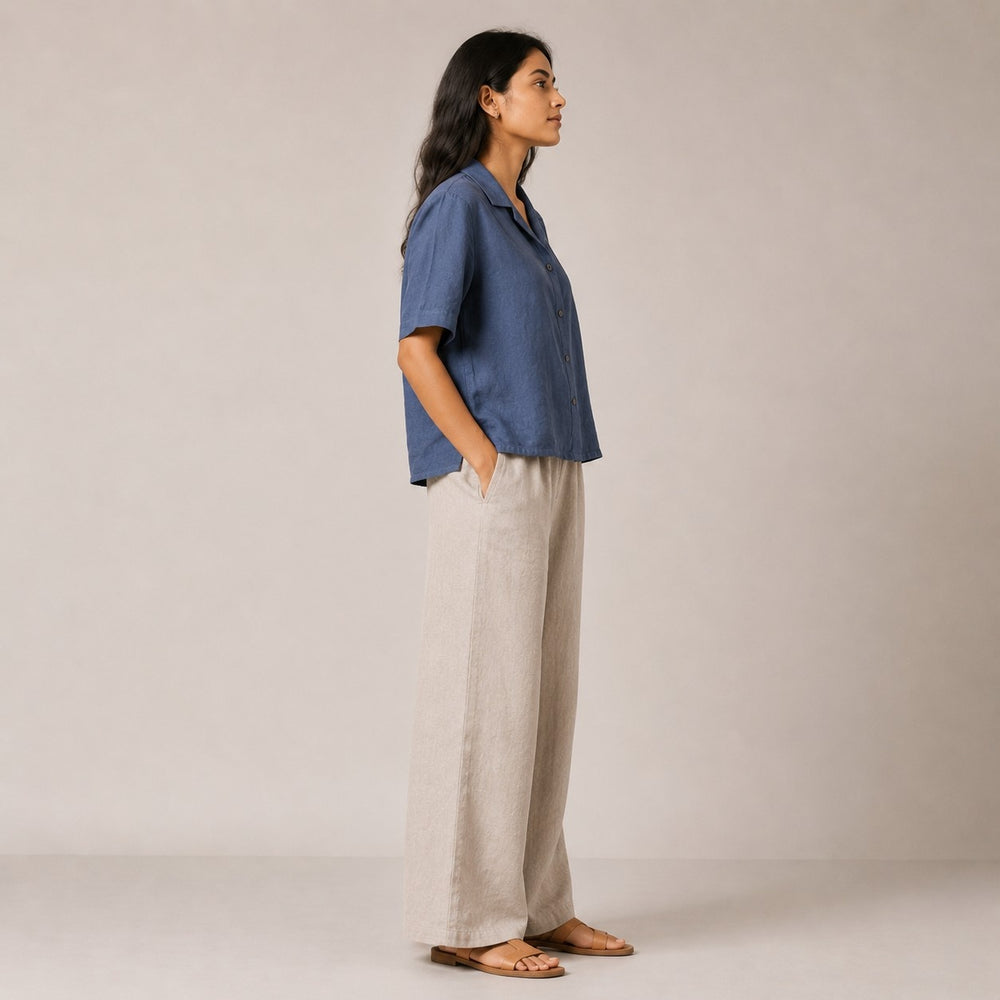 Open Collar Half Sleeve Linen Shirt - Women - Midnight Blue