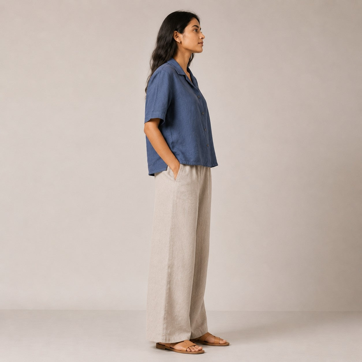 Open Collar Half Sleeve Linen Shirt - Women - Midnight Blue