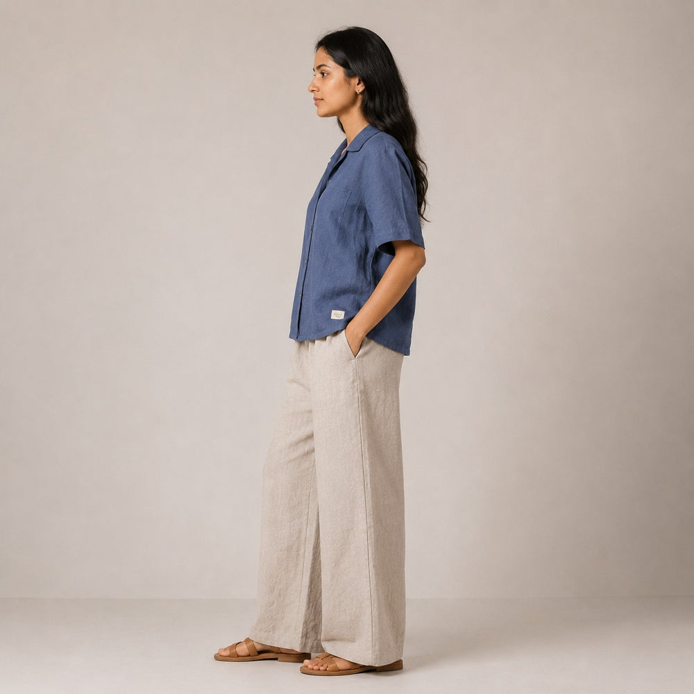 Open Collar Half Sleeve Linen Shirt - Women - Midnight Blue