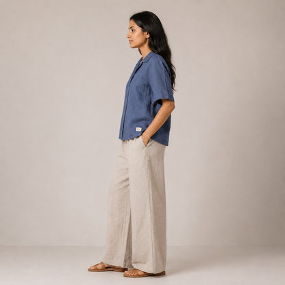 Open Collar Half Sleeve Linen Shirt - Women - Midnight Blue