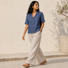 Open Collar Half Sleeve Linen Shirt - Women - Midnight Blue