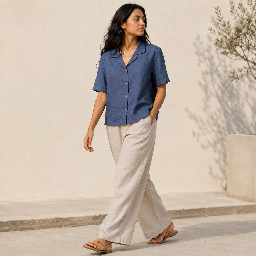 Open Collar Half Sleeve Linen Shirt - Women - Midnight Blue