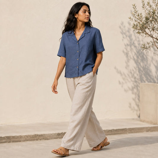 Open Collar Half Sleeve Linen Shirt - Women - Midnight Blue