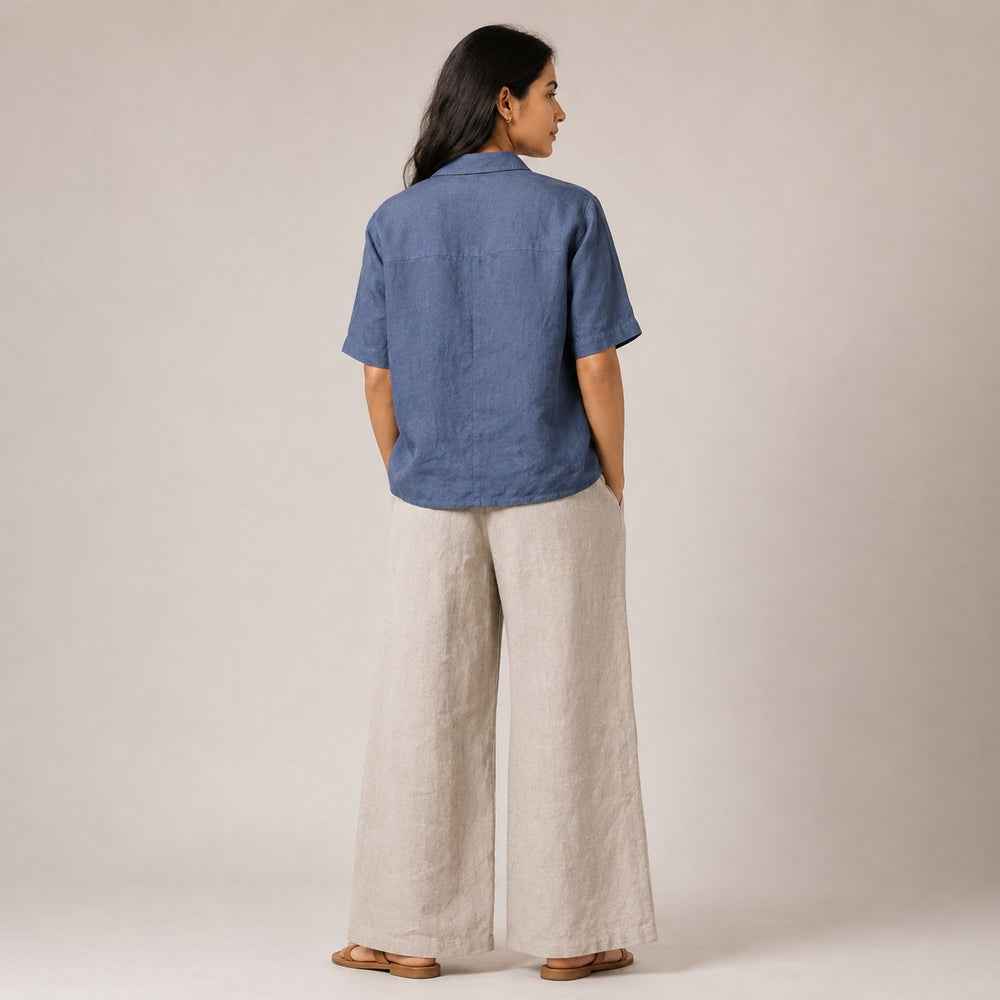 Open Collar Half Sleeve Linen Shirt - Women - Midnight Blue