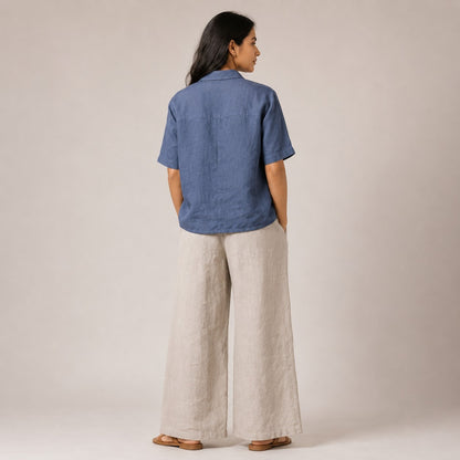 Open Collar Half Sleeve Linen Shirt - Women - Midnight Blue