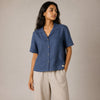 Open Collar Half Sleeve Linen Shirt - Women - Midnight Blue