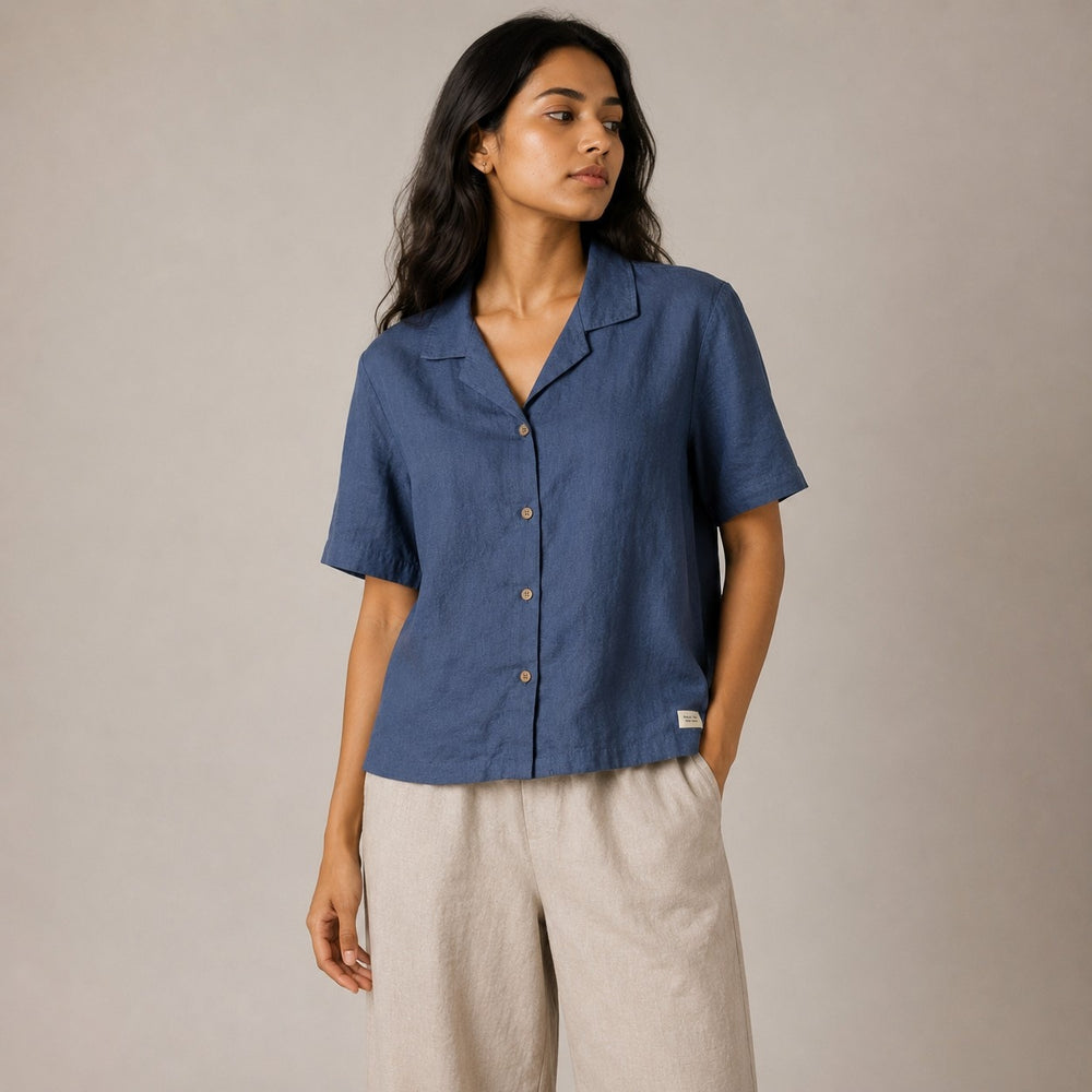 Open Collar Half Sleeve Linen Shirt - Women - Midnight Blue