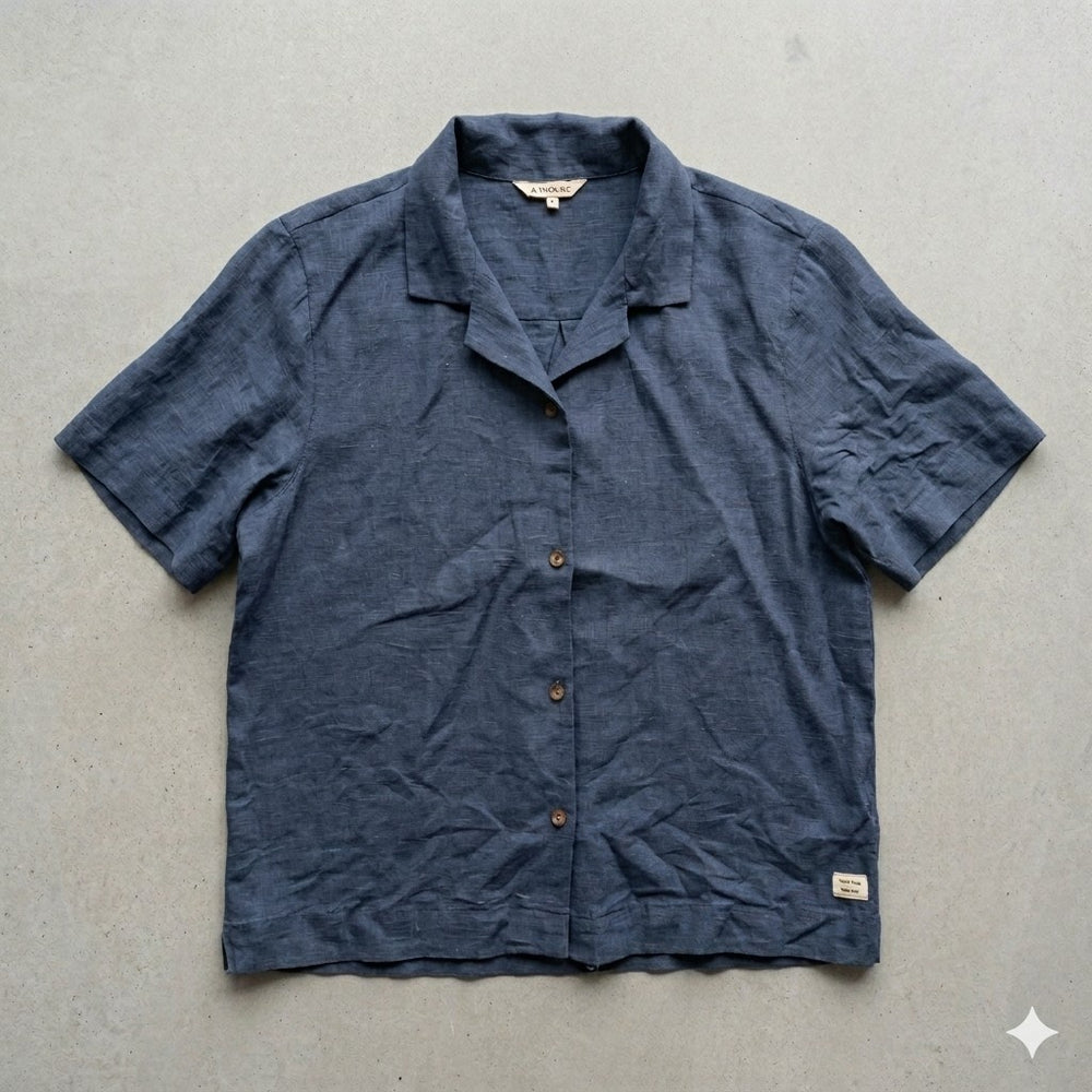 Open Collar Half Sleeve Linen Shirt - Women - Midnight Blue