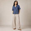 Open Collar Half Sleeve Linen Shirt - Women - Midnight Blue