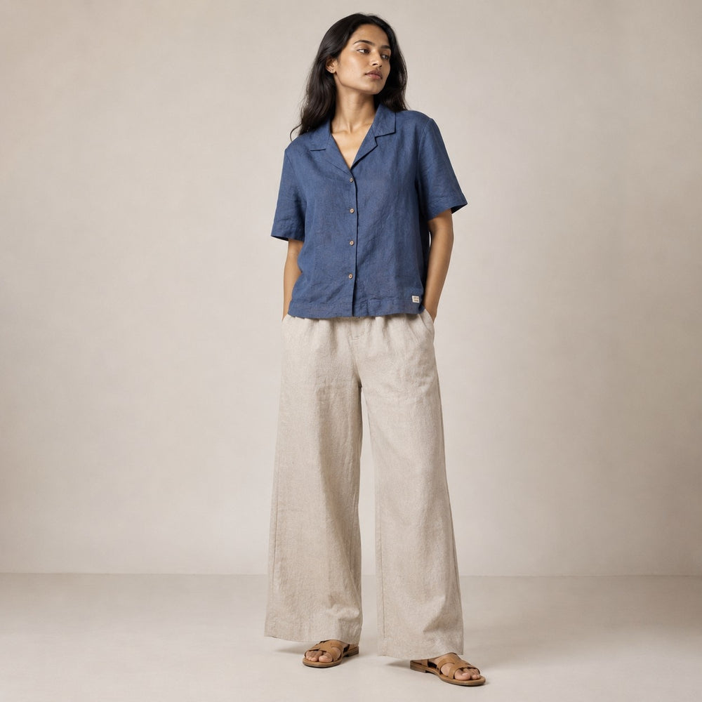 Open Collar Half Sleeve Linen Shirt - Women - Midnight Blue