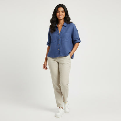 Oversize Boxy Crop Shirt - Women- 100% Premium Linen - Blue