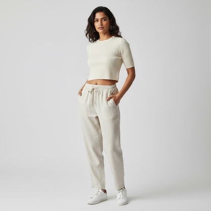 100% Pure Linen Relaxed Fit Pants for Women - Beige