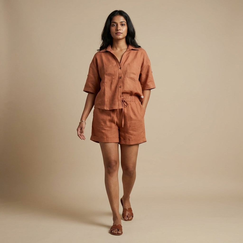 Linen Shorts Co-ord Set for Women-Rust