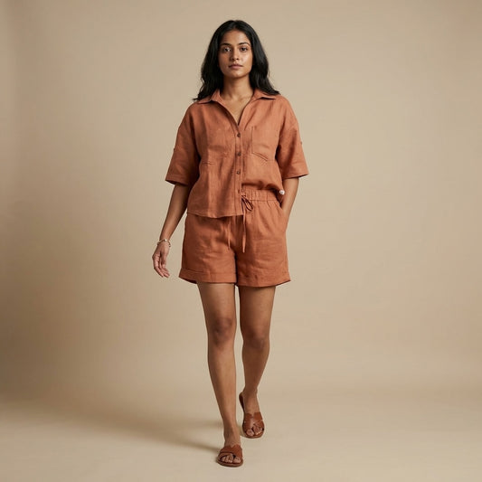 Linen Shorts Co-ord Set for Women-Rust