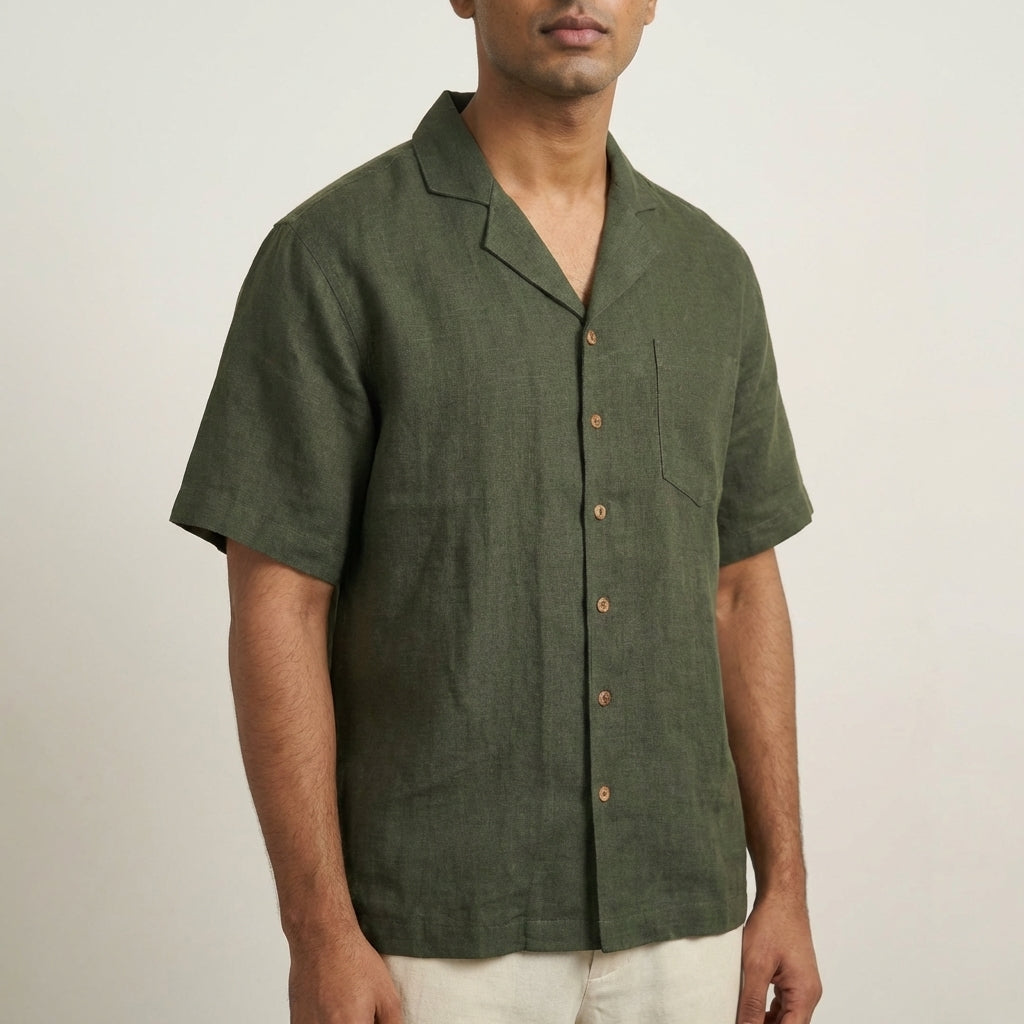 Linen Resort Collar Short Sleeve Shirt for Men- Olive