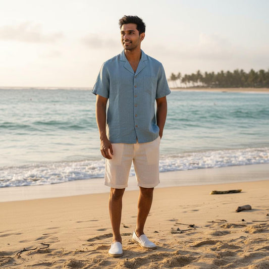 100% Premium Linen Short Sleeve Resort Collar Shirt - Men