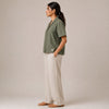 Open Collar Half Sleeve Linen Shirt - Women - Sage