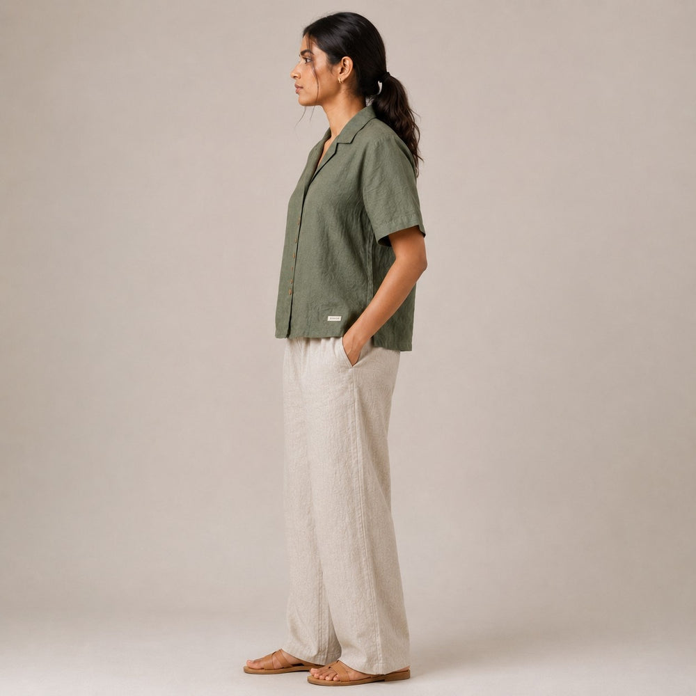 Open Collar Half Sleeve Linen Shirt - Women - Sage