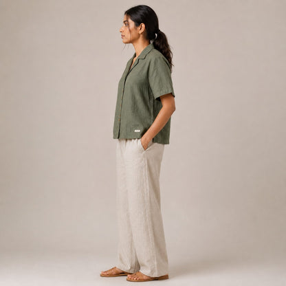 Open Collar Half Sleeve Linen Shirt - Women - Sage