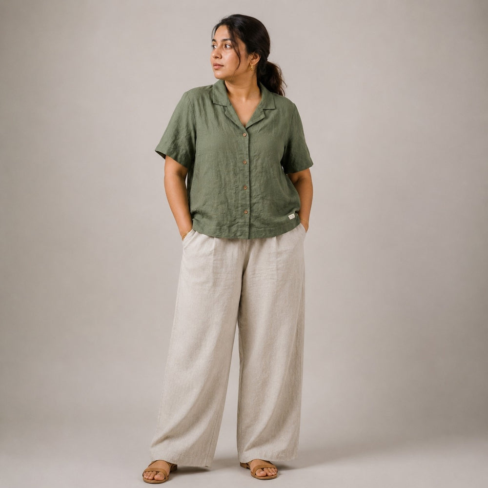 Open Collar Half Sleeve Linen Shirt - Women - Sage