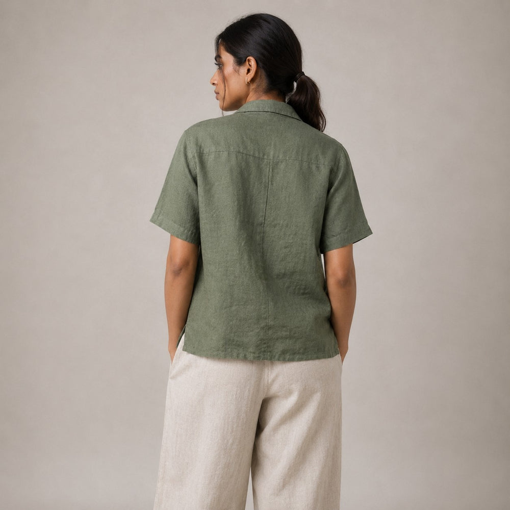 Open Collar Half Sleeve Linen Shirt - Women - Sage