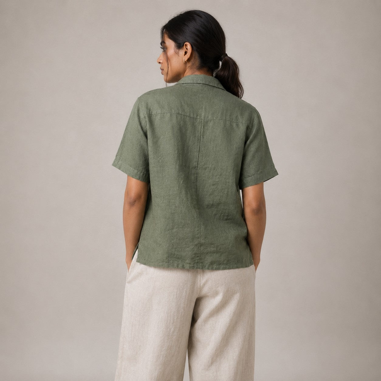 Open Collar Half Sleeve Linen Shirt - Women - Sage