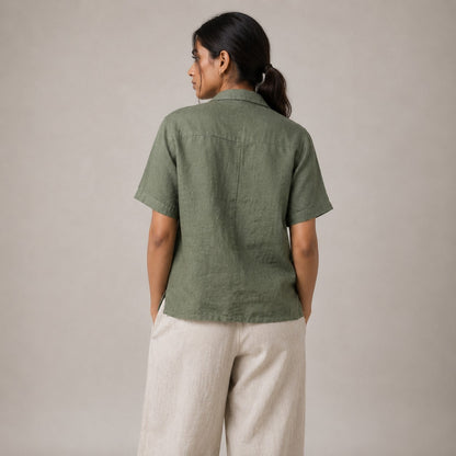 Open Collar Half Sleeve Linen Shirt - Women - Sage