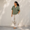 Open Collar Half Sleeve Linen Shirt - Women - Sage