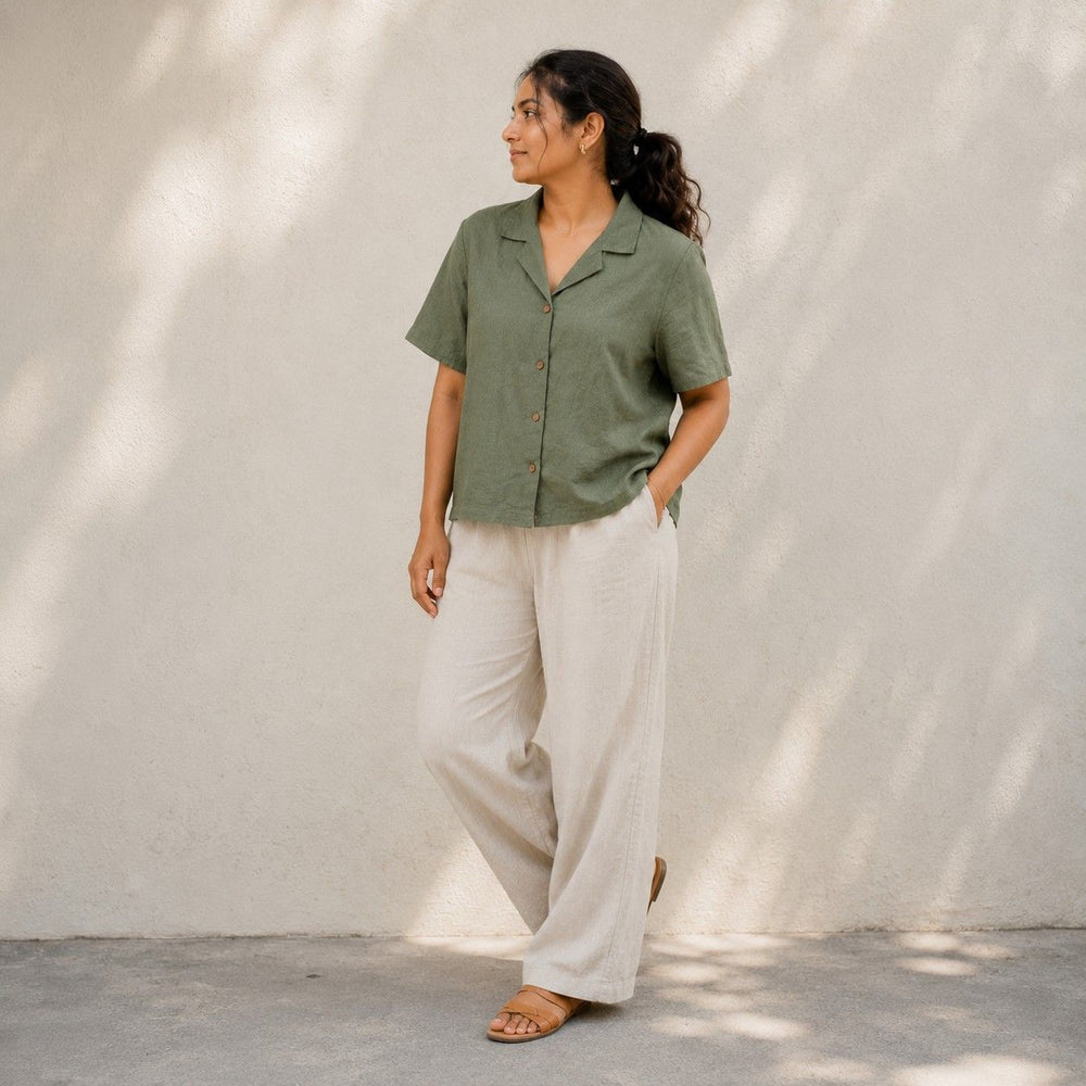 Open Collar Half Sleeve Linen Shirt - Women - Sage