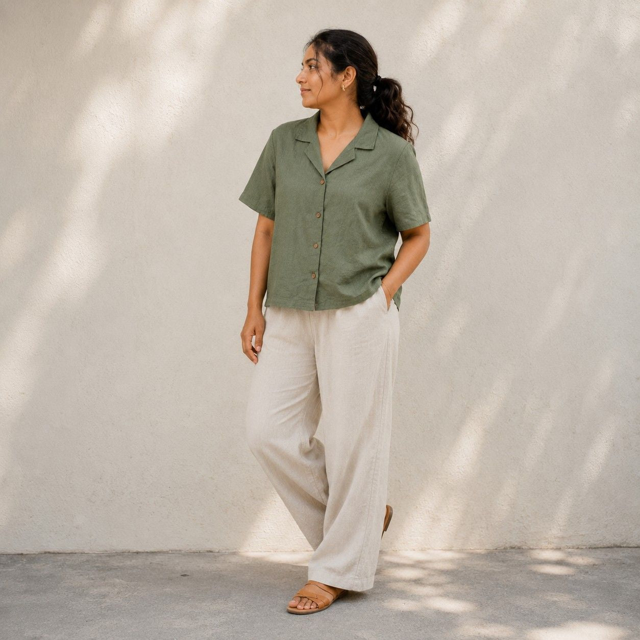 Open Collar Half Sleeve Linen Shirt - Women - Sage