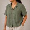 Open Collar Half Sleeve Linen Shirt - Women - Sage