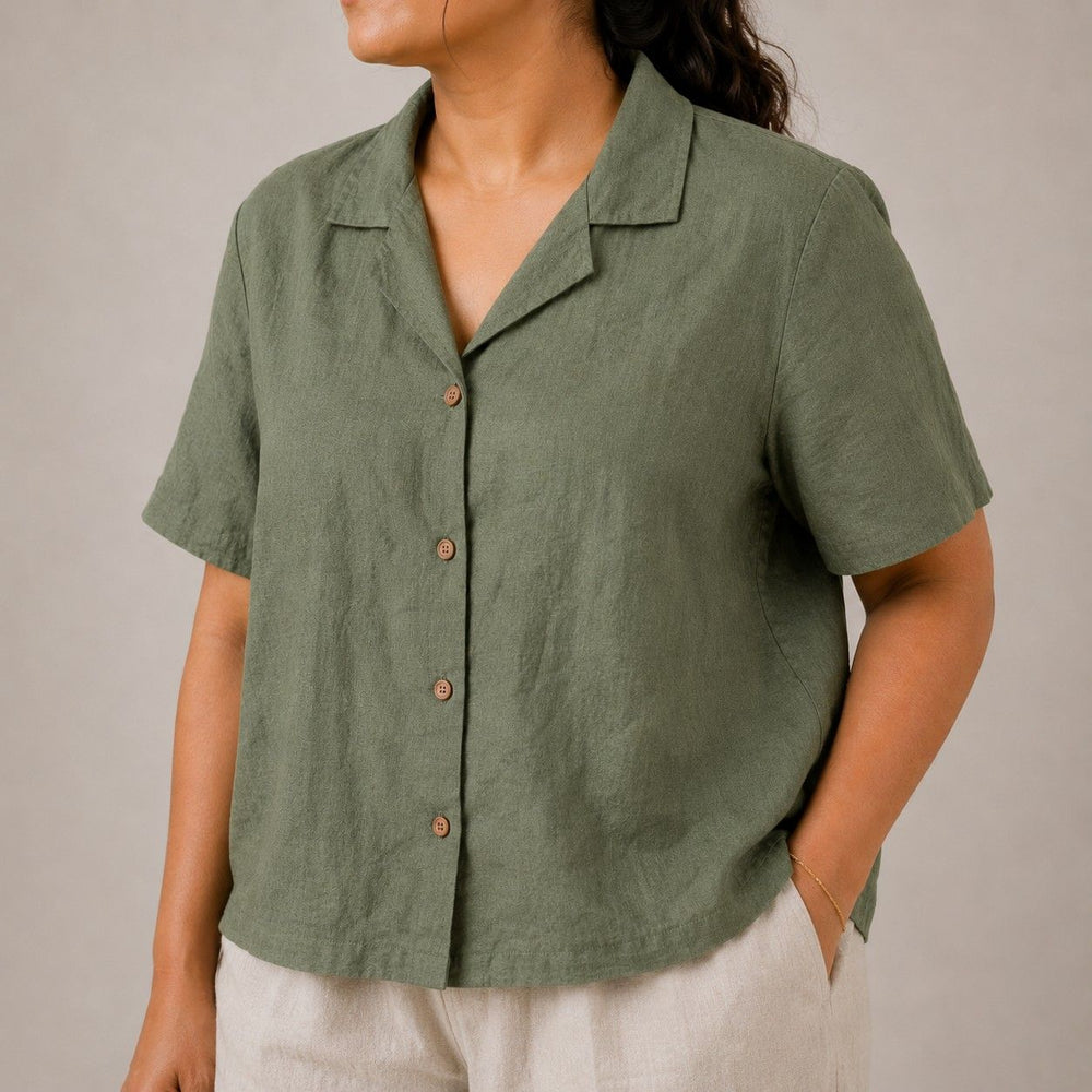 Open Collar Half Sleeve Linen Shirt - Women - Sage