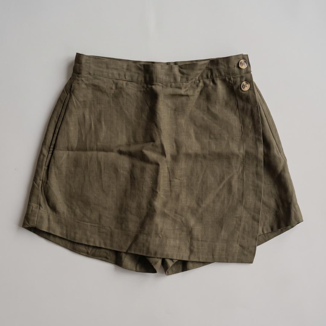 Olive linen skort flatlay, front