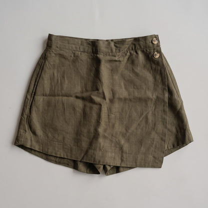 Olive linen skort flatlay, front